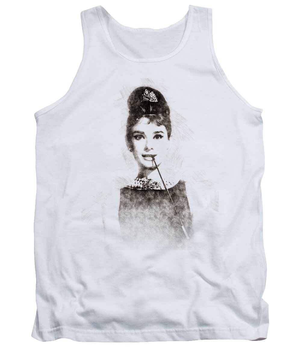 Audrey Hepburn; Audrey; Hepburn; Hollywood; Sex Symbol; Model; Actress; Films; Legend; Sixties; Icon; Woman; Poster; Print; Pen Sketch; Pen; Portrait; Watercolor; Art Tank Top featuring the painting Audrey Hepburn portrait 01 by Pablo Romero