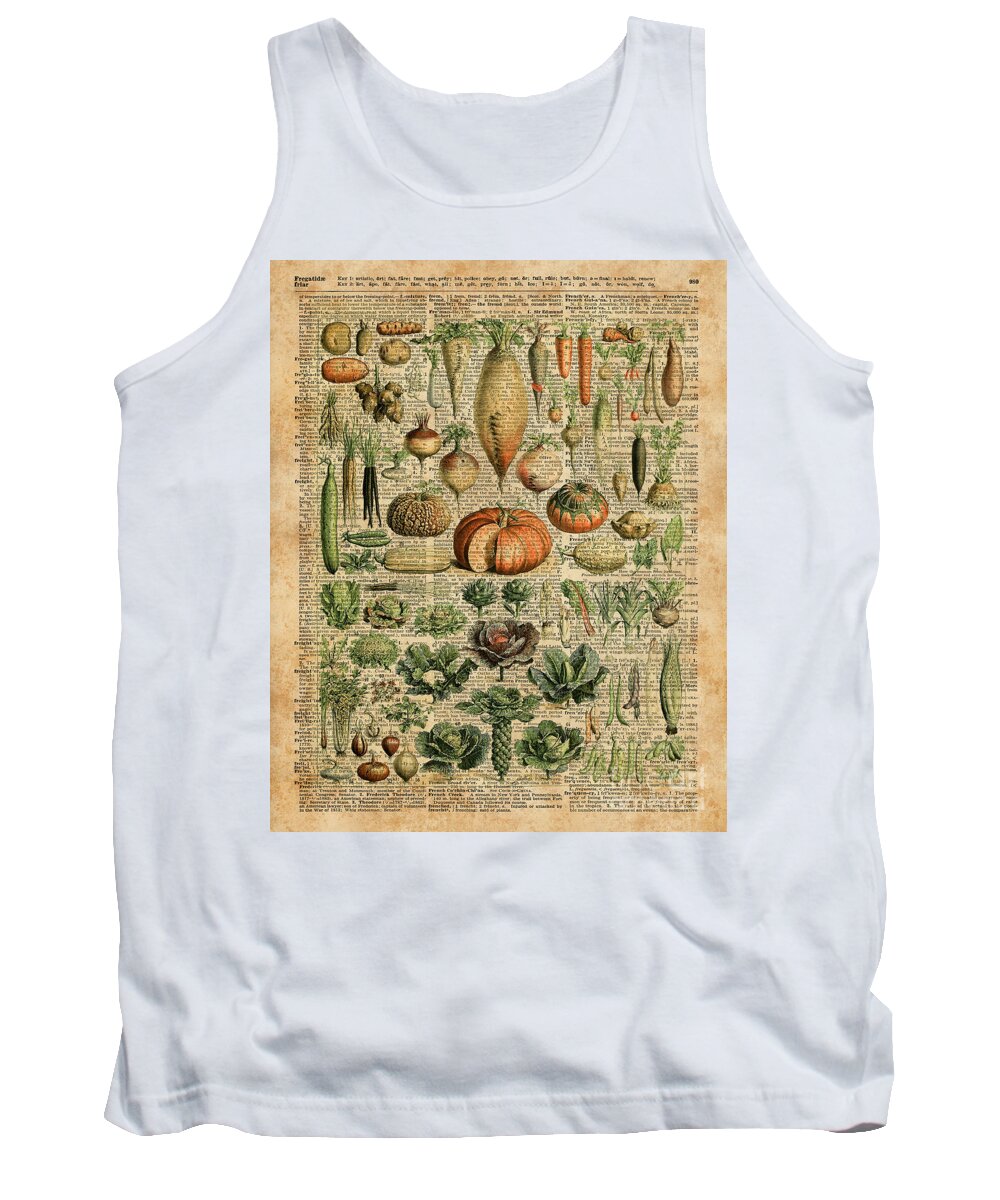 Kitchen Tank Top featuring the digital art Autumn Fall Vegetables Kiche Harvest Thanksgiving Dictionary Art Vintage Cottage Chic by Anna W