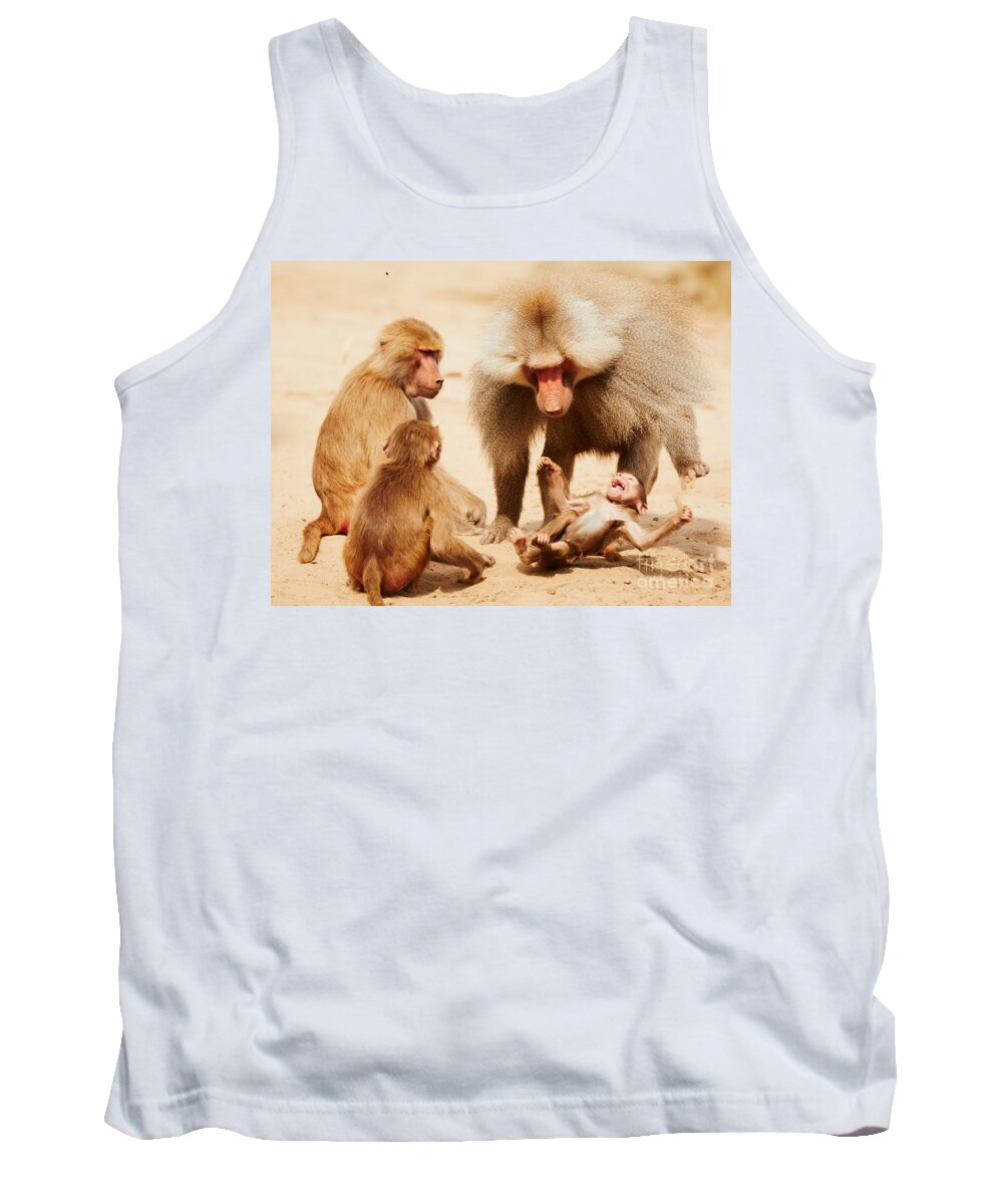 Africa Tank Top featuring the photograph Baboon family having fun in the desert by Nick Biemans