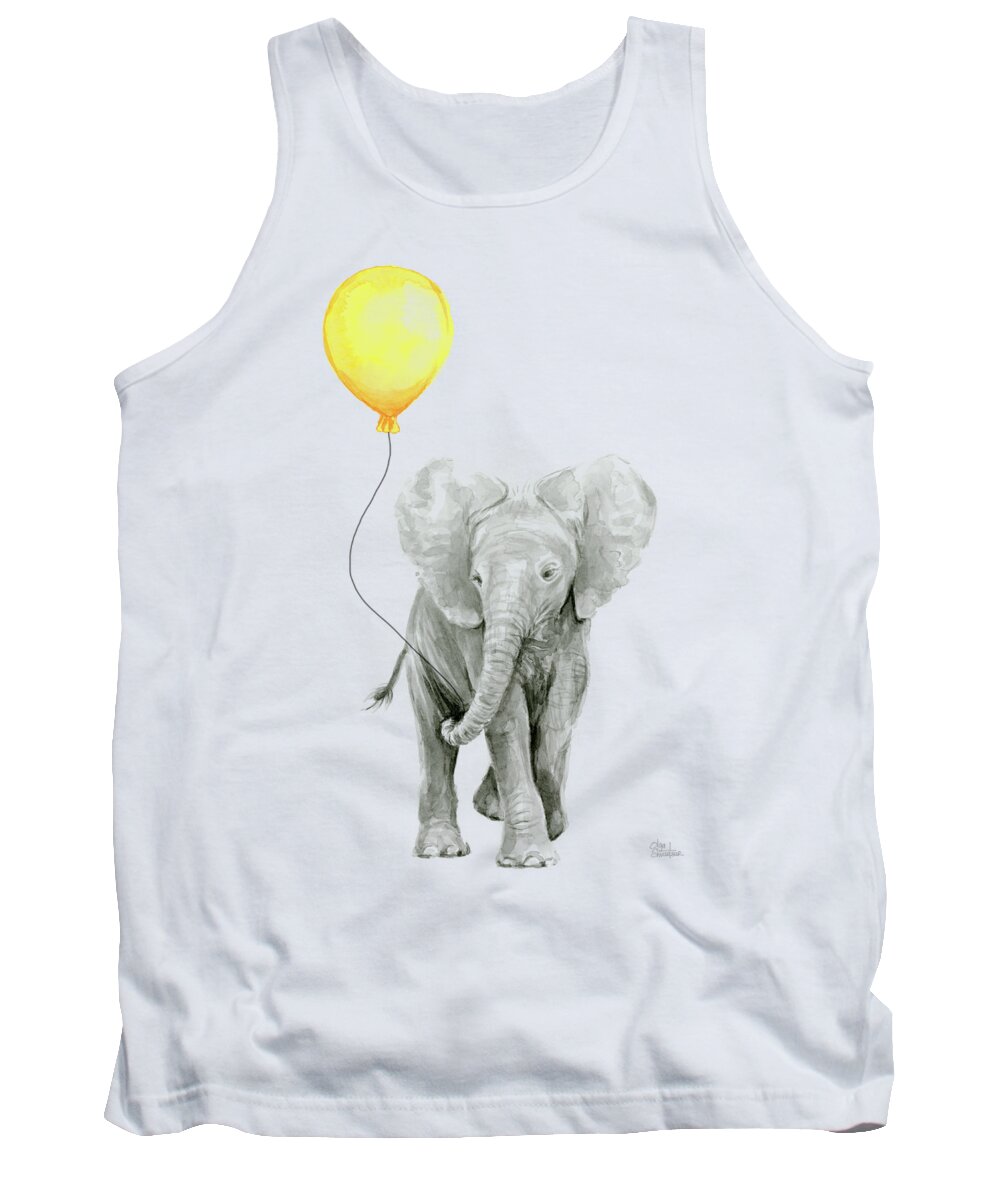 Elephant Tank Top featuring the painting Baby Elephant Watercolor with Yellow Balloon by Olga Shvartsur