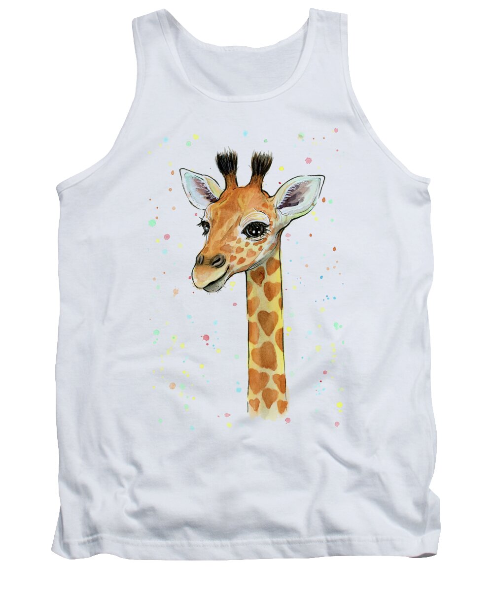 Watercolor Giraffe Tank Top featuring the painting Baby Giraffe Watercolor with Heart Shaped Spots by Olga Shvartsur
