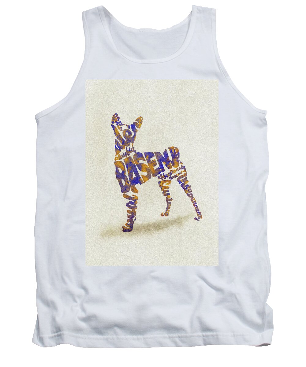 Basenji Tank Top featuring the painting Basenji Dog Watercolor Painting / Typographic Art by Inspirowl Design