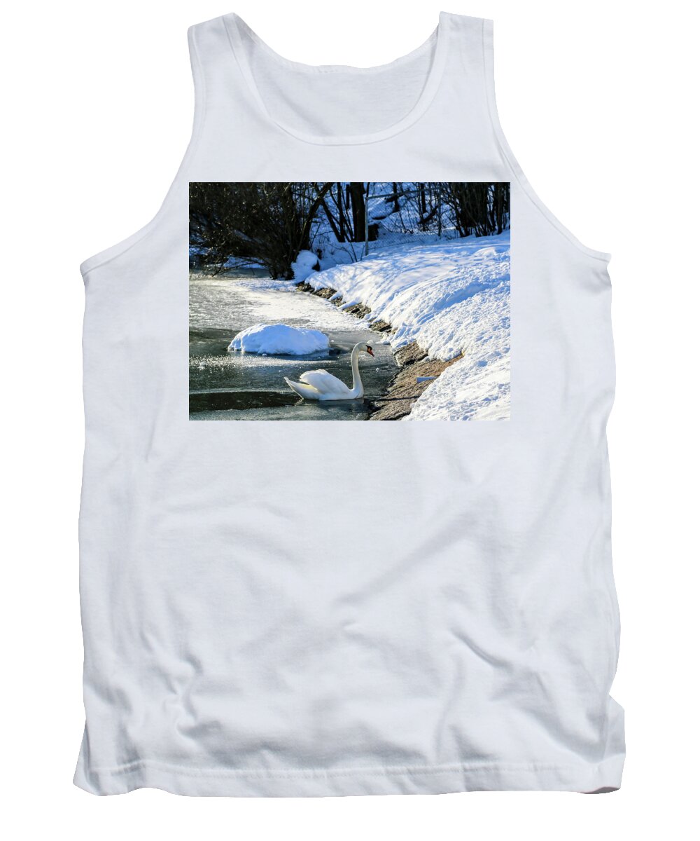 Swan Wildlife Bird Graceful Beautiful Fowl Elegant Animal Waterfront Water Winter Snow Ice Landscape Photo Photography Trees View Outdoors Nature Oslo Norway Scandinavia Europe Outdoors Rocks Rock Park Frognerparken Famous Beautiful Tank Top featuring the digital art Beautiful Swan by Jeanette Rode Dybdahl