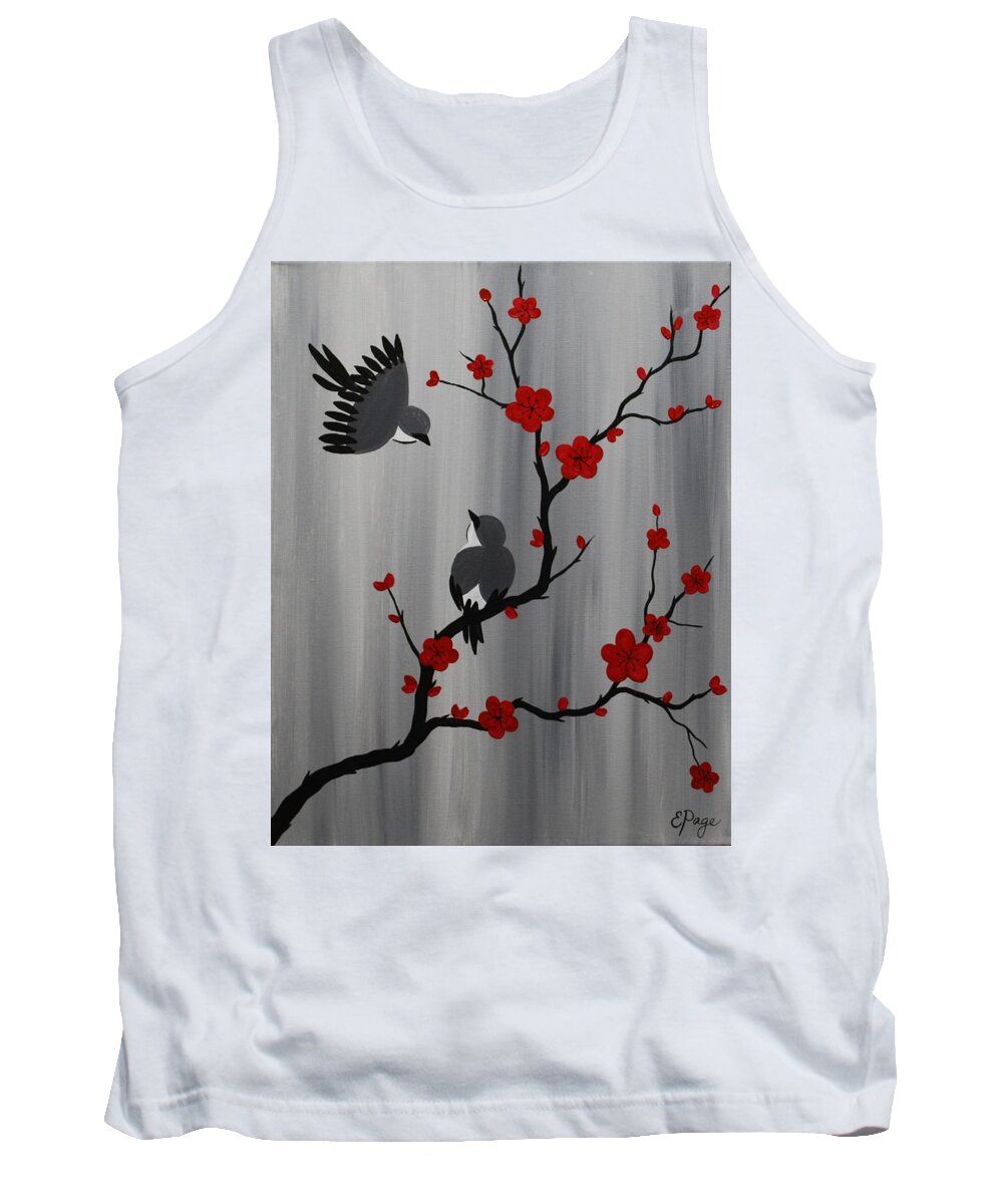 Birds Tank Top featuring the painting Birds and Blooms in Red by Emily Page