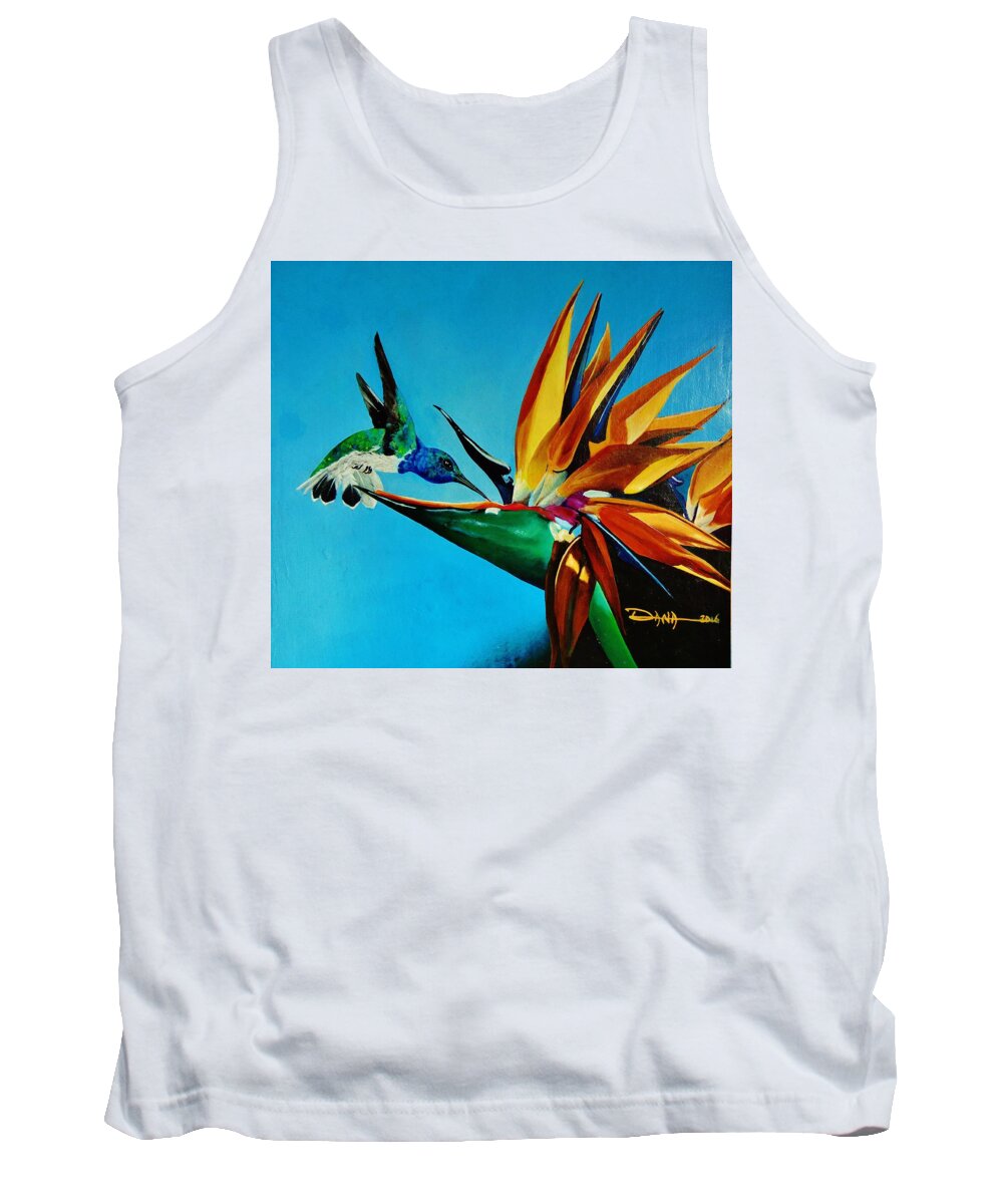 Birds Tank Top featuring the painting Birds of Paradise with White necked Jacobin hummingbird by Dana Newman
