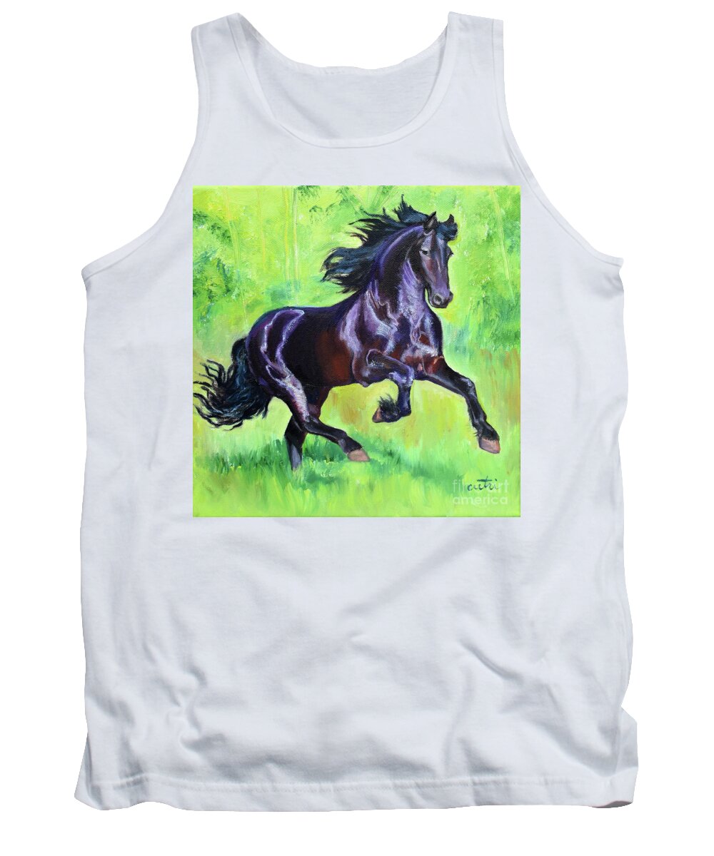 Galloping Horse Tank Top featuring the painting Black Friesian Horse by Anne Cameron Cutri