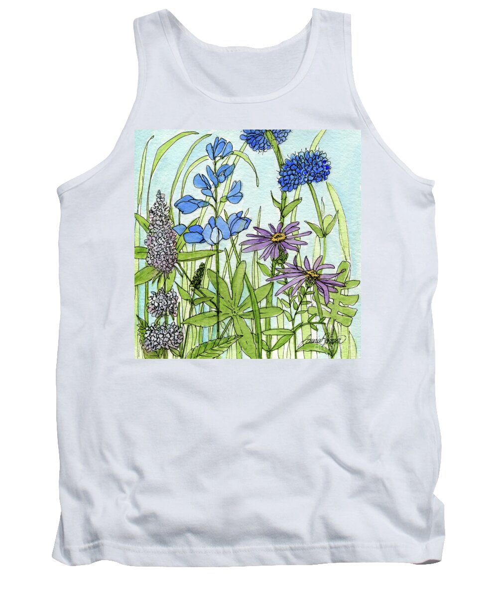 Blue Flowers Tank Top featuring the painting Blue Buttons by Laurie Rohner