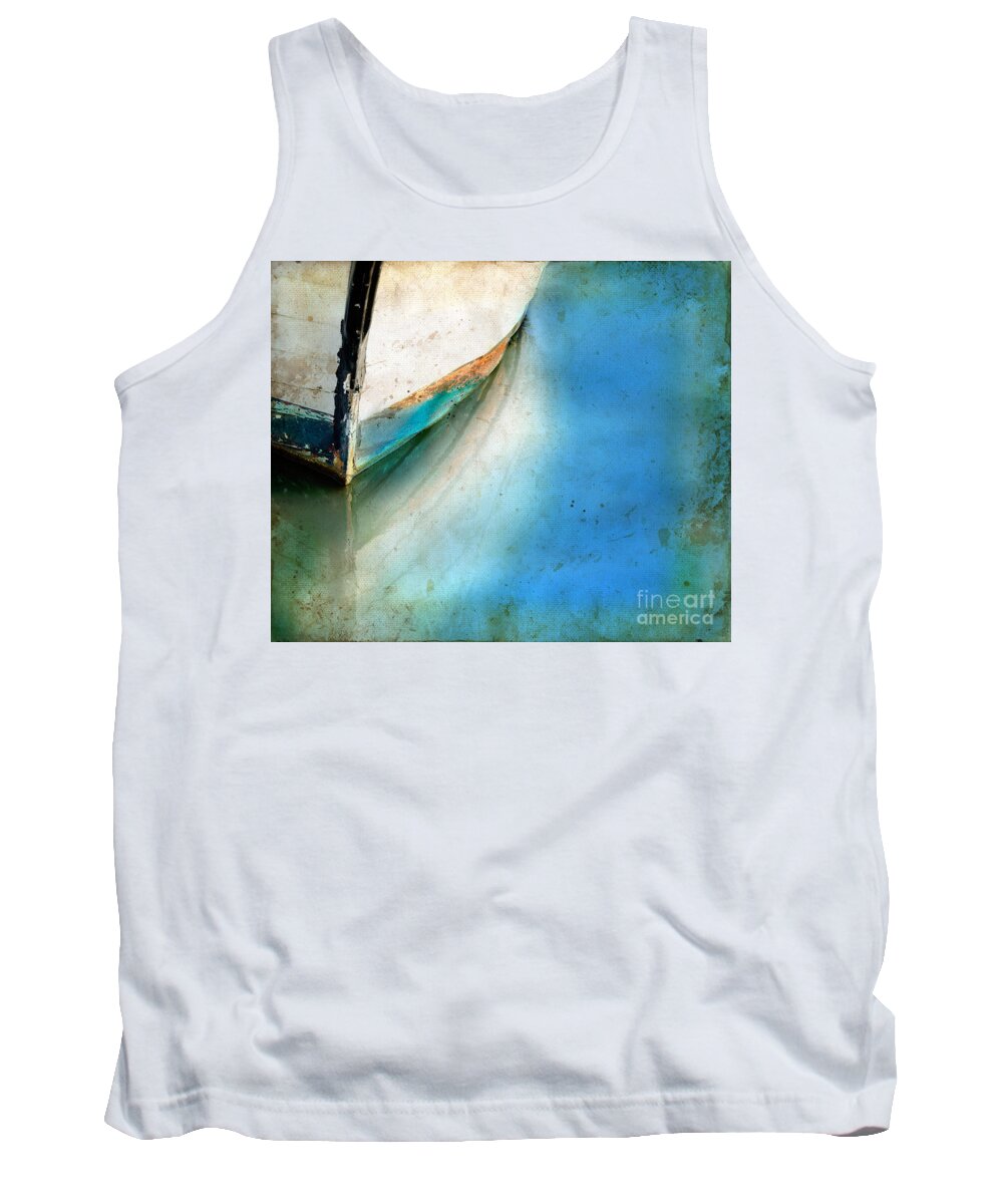 Copy-space Tank Top featuring the photograph Bow of an old Boat Reflecting in Water by Jill Battaglia