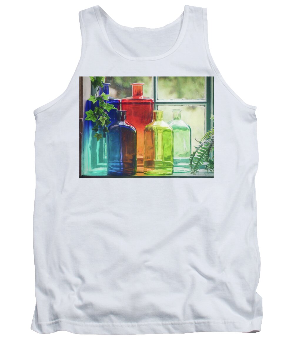 Blue Tank Top featuring the photograph Bottles in the Window by Teresa Wilson