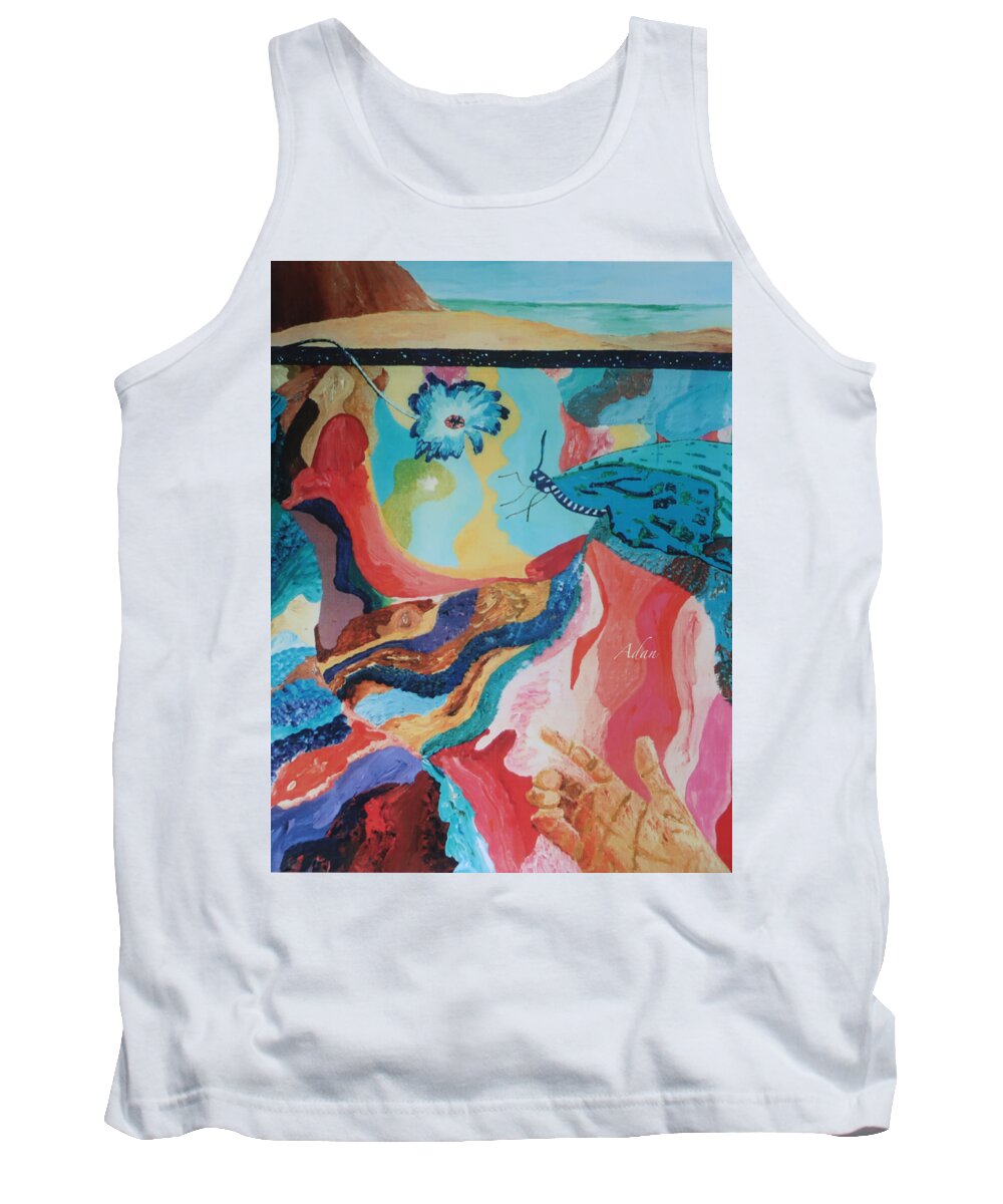 Original Oils Tank Top featuring the painting Butterfly and Hand Surreal Abstract Vertical by Felipe Adan Lerma