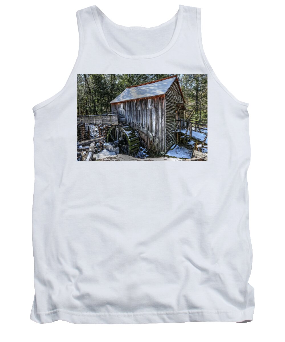 John P.cable Grist Mill Tank Top featuring the photograph Cades Cove Grist Mill In Winter by Carol Montoya