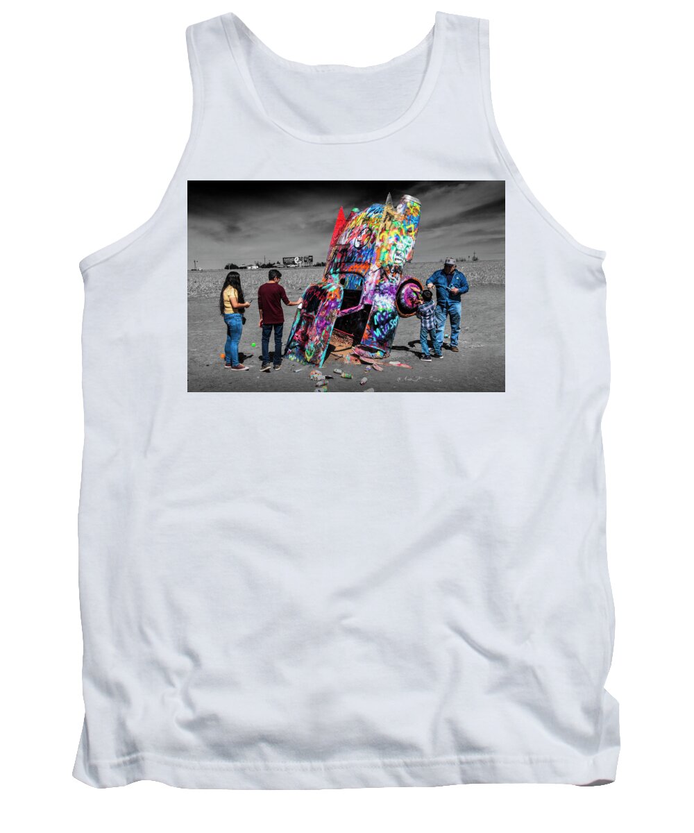 Landmark Tank Top featuring the photograph Cadillac Ranch Spray Paint Fun along Historic Route 66 by Amarillo Texas by Randall Nyhof