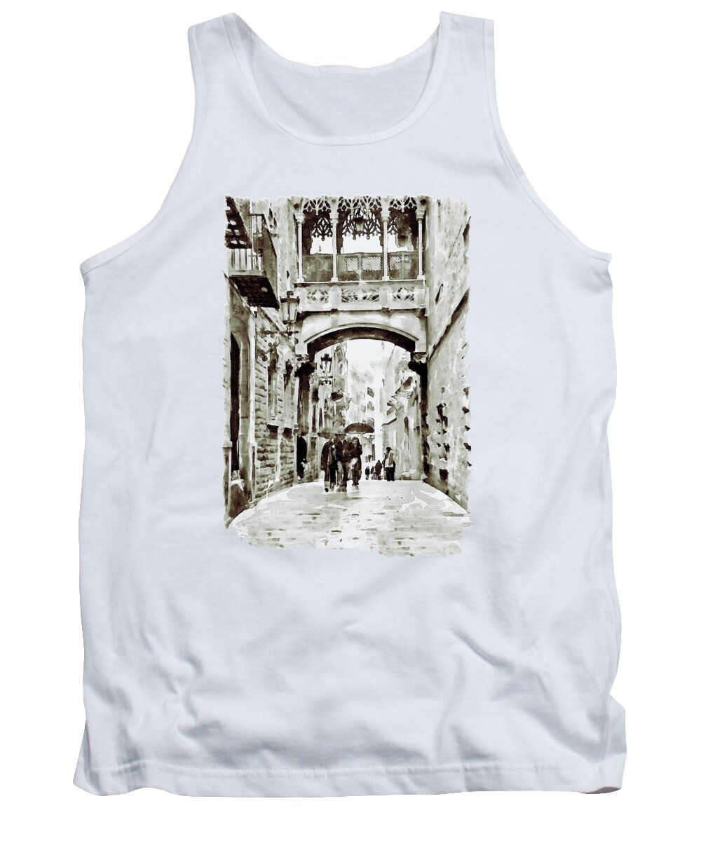 Marian Voicu Tank Top featuring the painting Carrer del Bisbe - Barcelona Black and White by Marian Voicu
