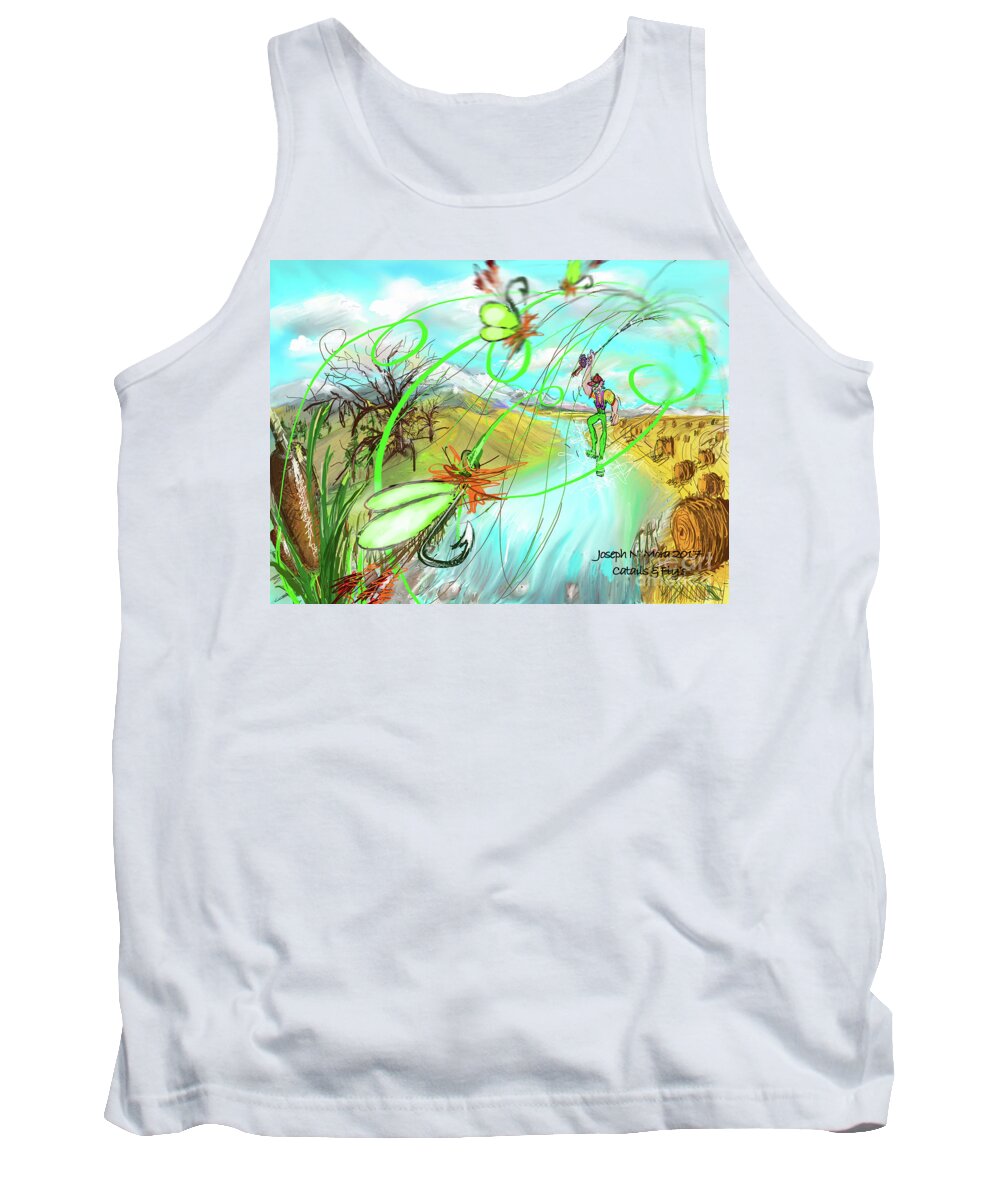 Flys Fishing Tank Top featuring the digital art Catails and Flys by Joseph Mora