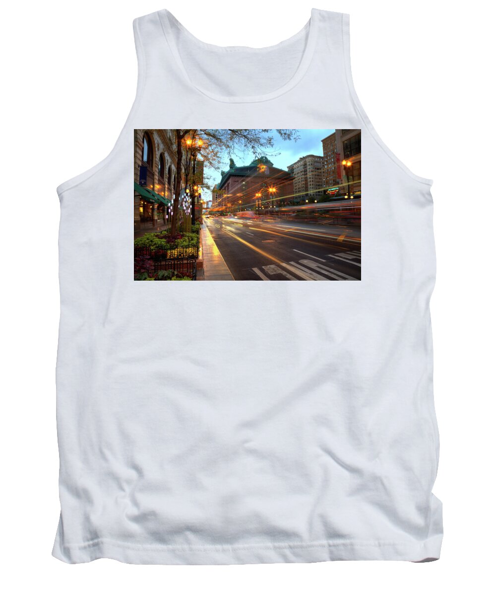 Architecture Tour Tank Top featuring the photograph Chicago Lights Hustle Bustle by Wayne Moran