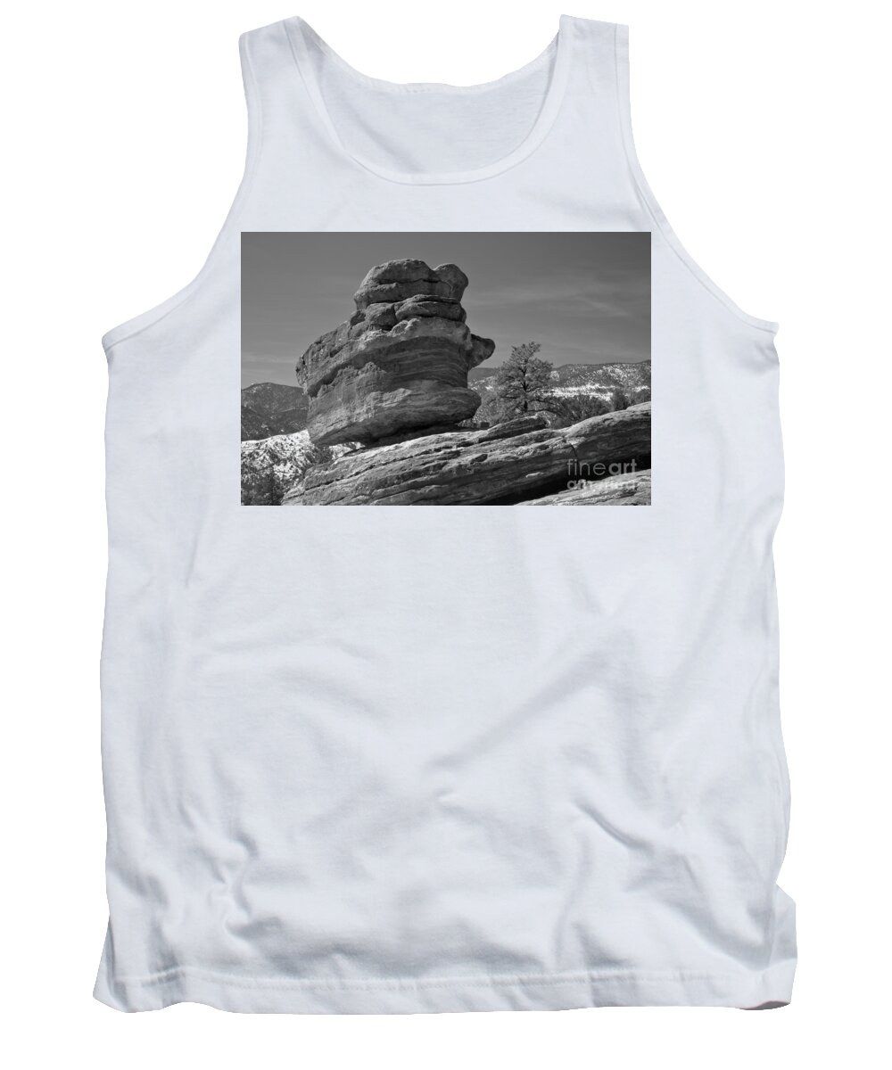Balanced Rock Tank Top featuring the photograph Colorado Springs Balanced Rock Black And White by Adam Jewell