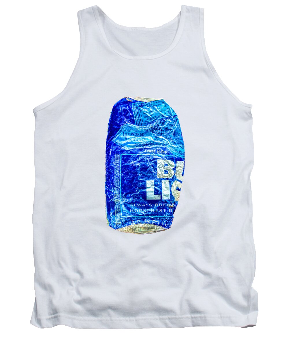 Black Tank Top featuring the photograph Crushed Blue Beer Can on Plywood 78 Color on BW by YoPedro