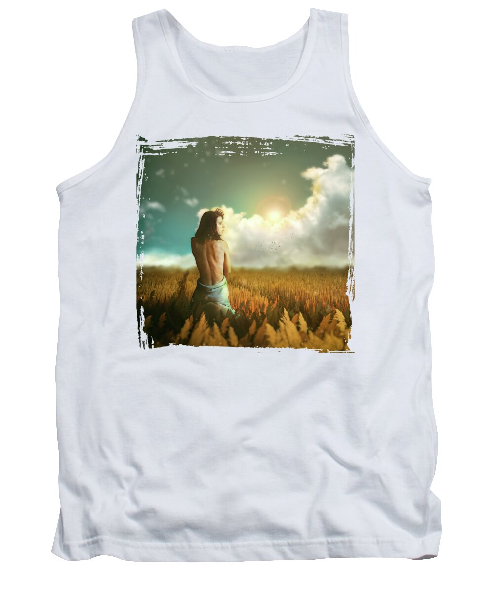 Dream Field Sunset Fantasy Surreal Portrait Soft Clouds Sky Summer Landscape Dreamscape Tank Top featuring the digital art DayDream by Katherine Smit