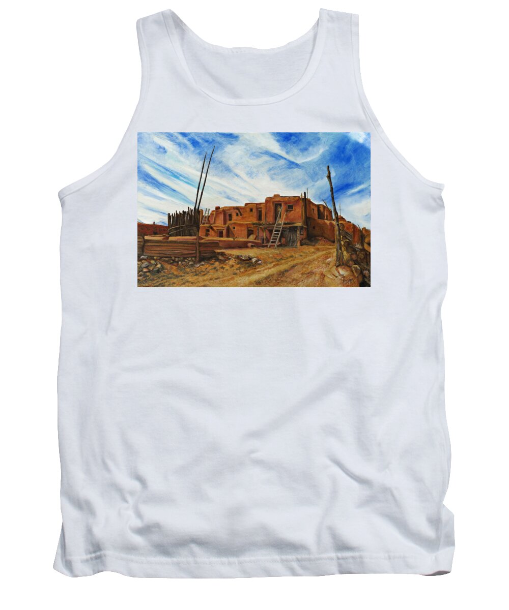 Adobe Living Tank Top featuring the painting Desert Village New Mexico by Kathy Knopp