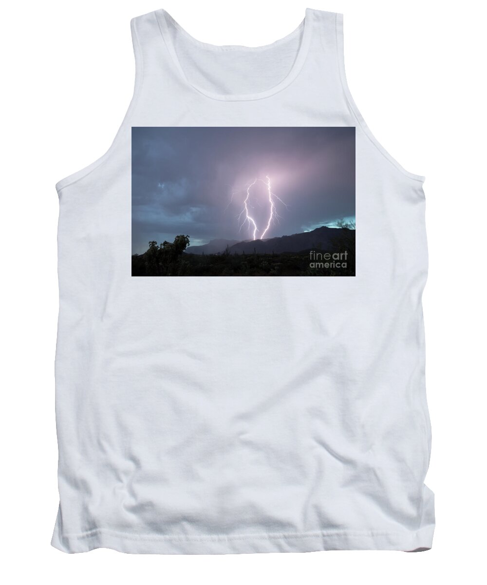 Lightning Tank Top featuring the photograph Dual Lightning Strike Superstition Mountains by Joanne West