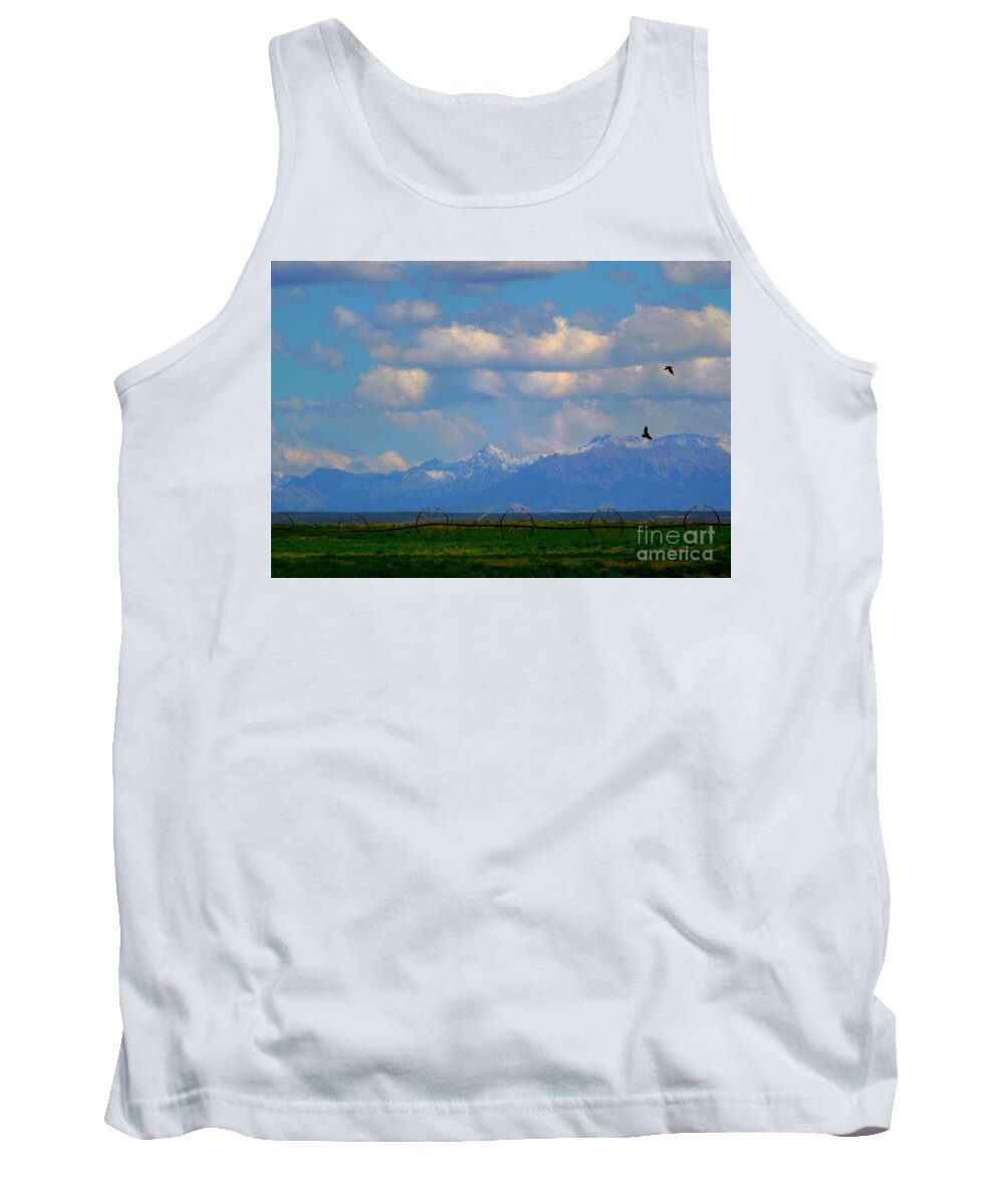 First Snow Shows On The San Juans In The Distance Over The Alfalfa Fields From Nucla Mesa Colorado Tank Top featuring the digital art First snow by Annie Gibbons