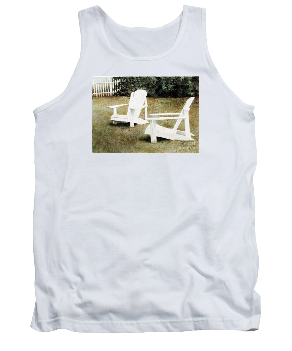 Two White Adirondack Chairs On A Front Lawn With Hedge And A Picket Fence In The Background. Tank Top featuring the painting Forest Lawn by Monte Toon
