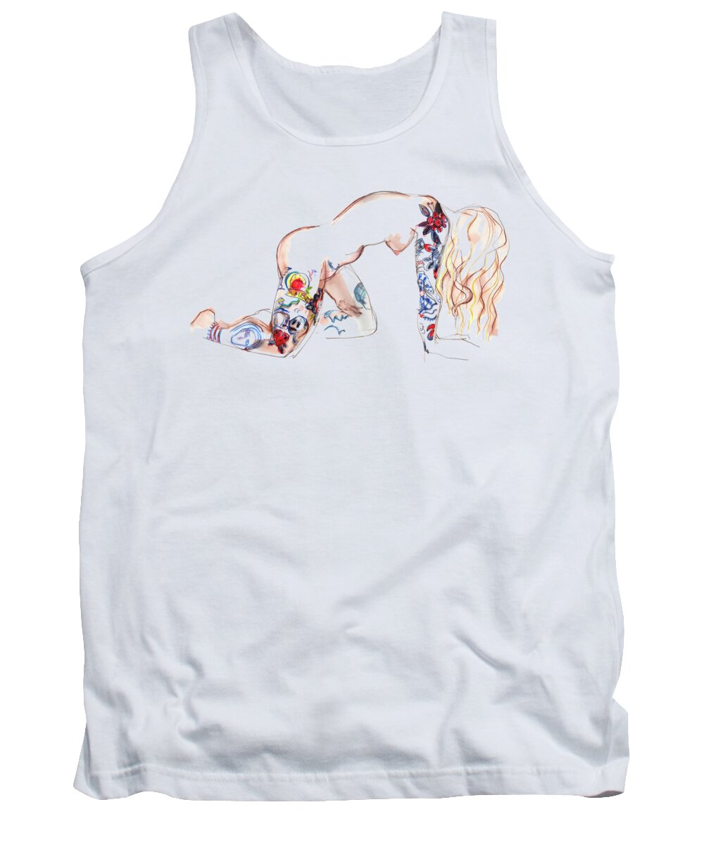 Erotic Art Tank Top featuring the mixed media Forever Amber - tattoed nude by Carolyn Weltman