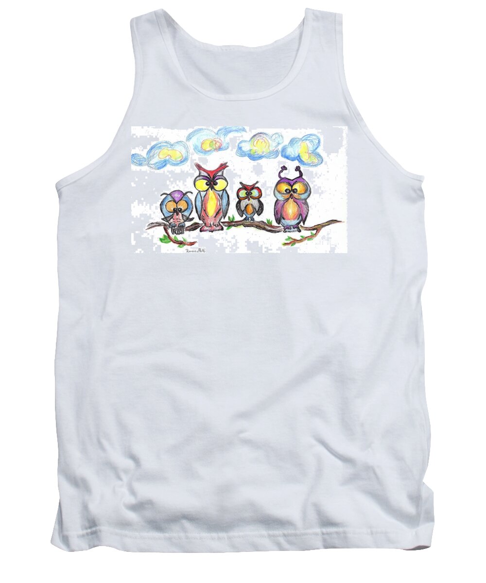 Funny Birds Tank Top featuring the drawing Four Friends by Ramona Matei