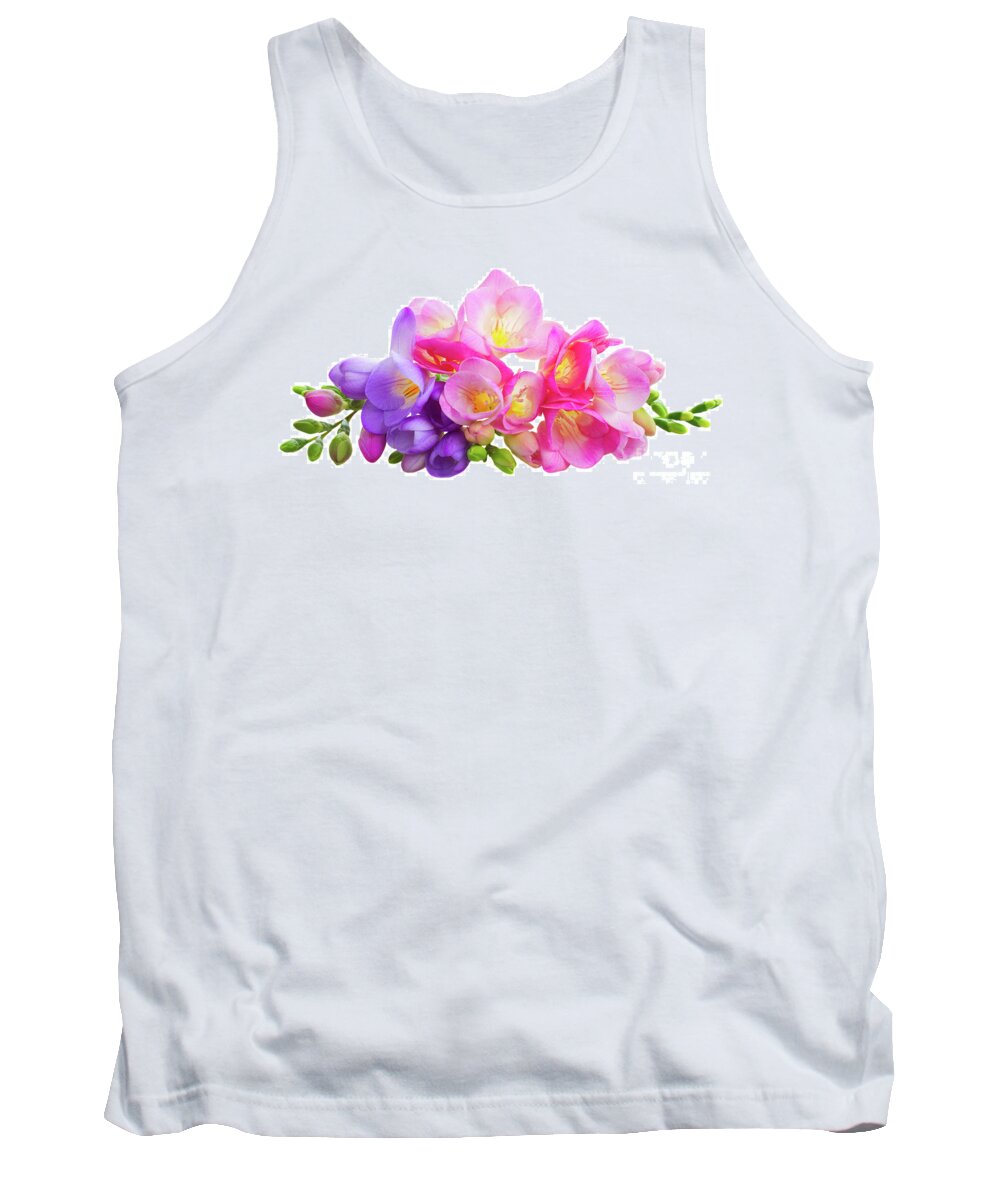 Freesia Tank Top featuring the photograph Fresh Pink and Violet Freesia Flowers by Anastasy Yarmolovich