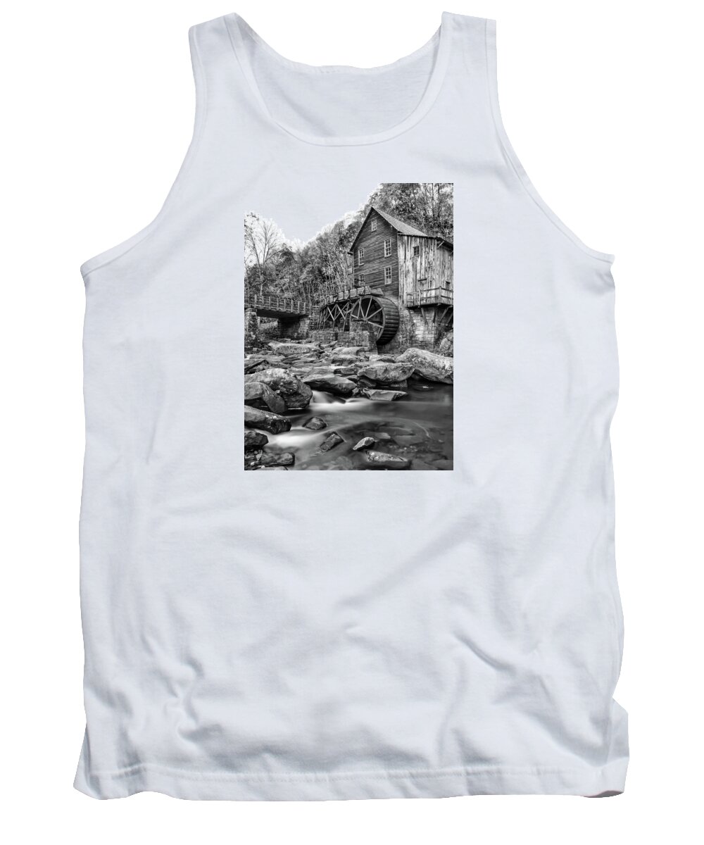 Babcock State Park Tank Top featuring the photograph Glade Creek Mill in Black and White by Norma Brandsberg