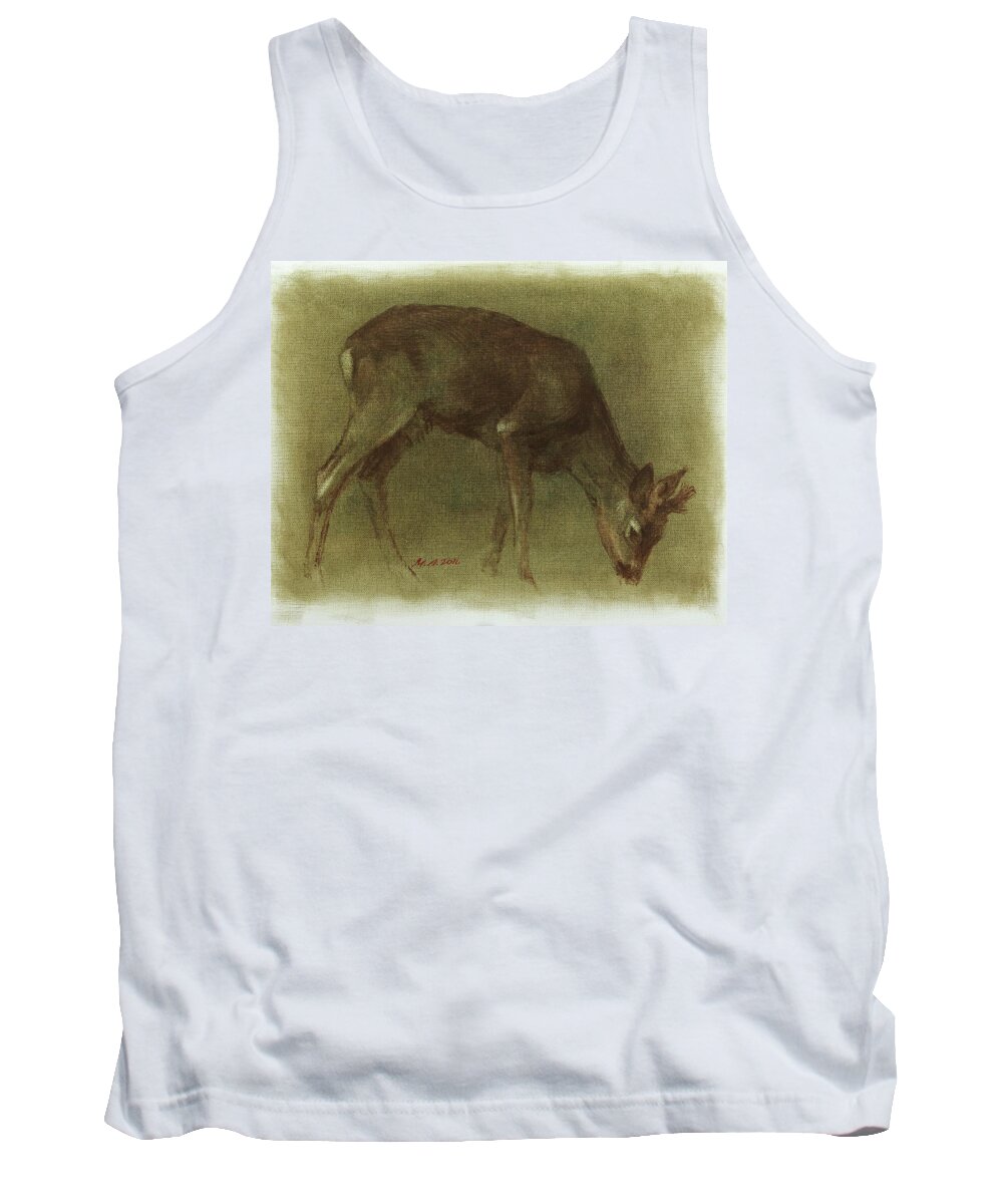 Roebuck Tank Top featuring the painting Grazing Roe Deer Oil Painting by Attila Meszlenyi