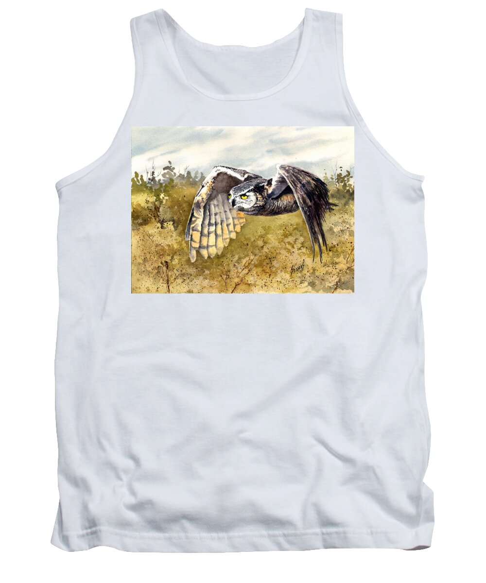 Owl Tank Top featuring the painting Great Horned Owl in Flight by Sam Sidders
