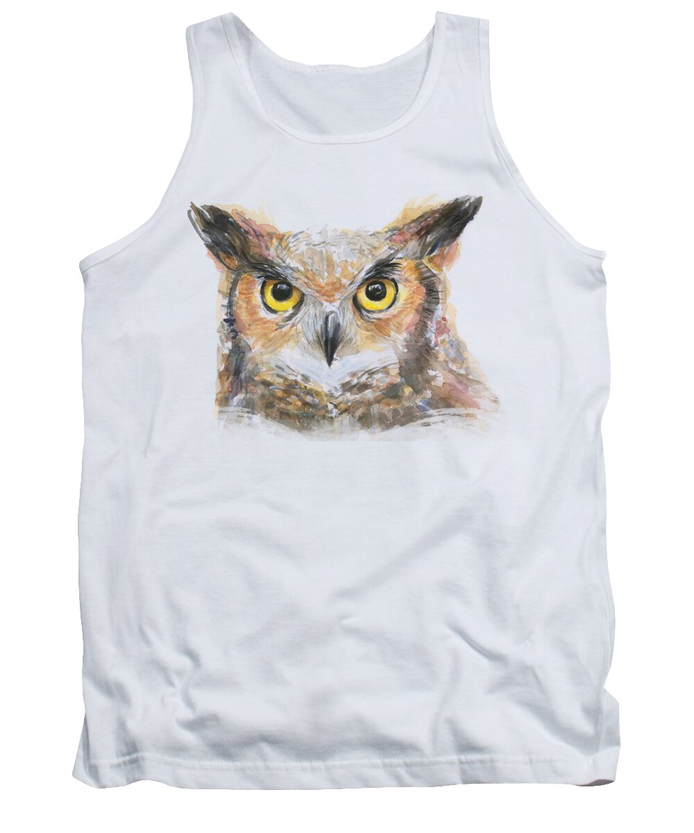 Owl Tank Top featuring the painting Great Horned Owl Watercolor by Olga Shvartsur
