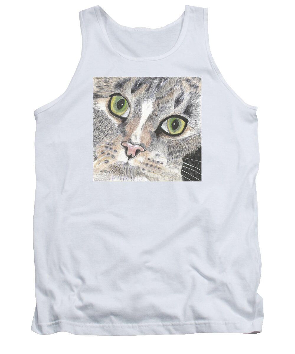 Cat Tank Top featuring the drawing Green Eyes by Arlene Crafton
