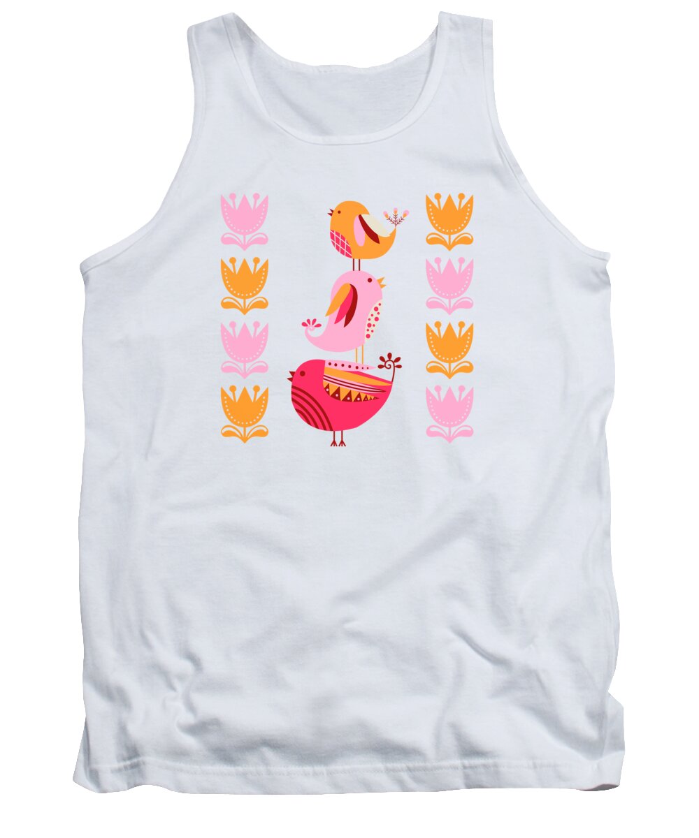 Painting Tank Top featuring the painting Happy Pink And Orange Birds And Blooms by Little Bunny Sunshine