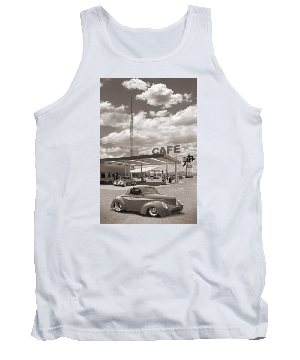 Street Rods Tank Top featuring the photograph Hot Rods at Roy's Gas Station Sepia by Mike McGlothlen