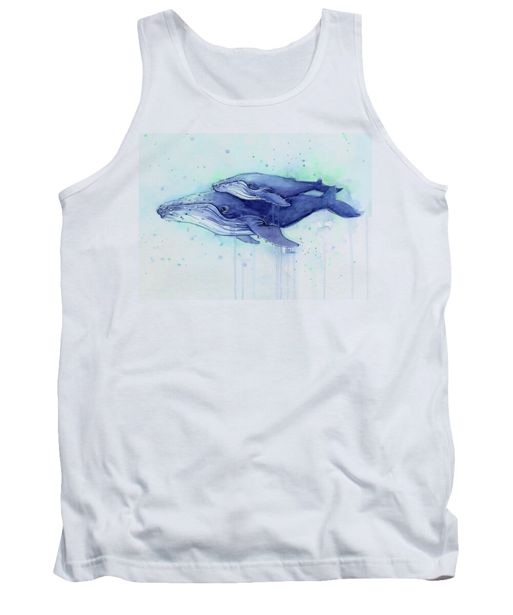 Whale Tank Top featuring the painting Humpback Whales Mom and Baby Watercolor Painting - Facing Right by Olga Shvartsur