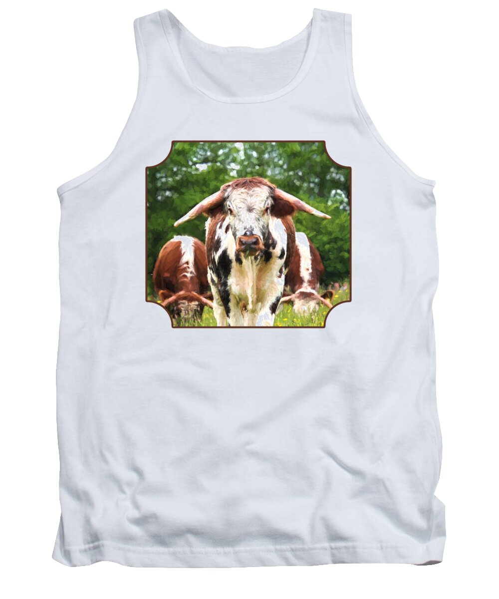 English Longhorn Cow Tank Top featuring the photograph I'm In Charge Here by Gill Billington