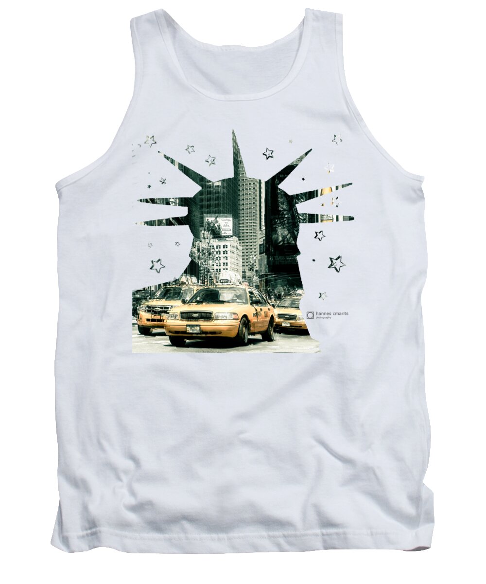 Graphical Tank Top featuring the photograph Lady Liberty And The Yellow Cabs by Hannes Cmarits