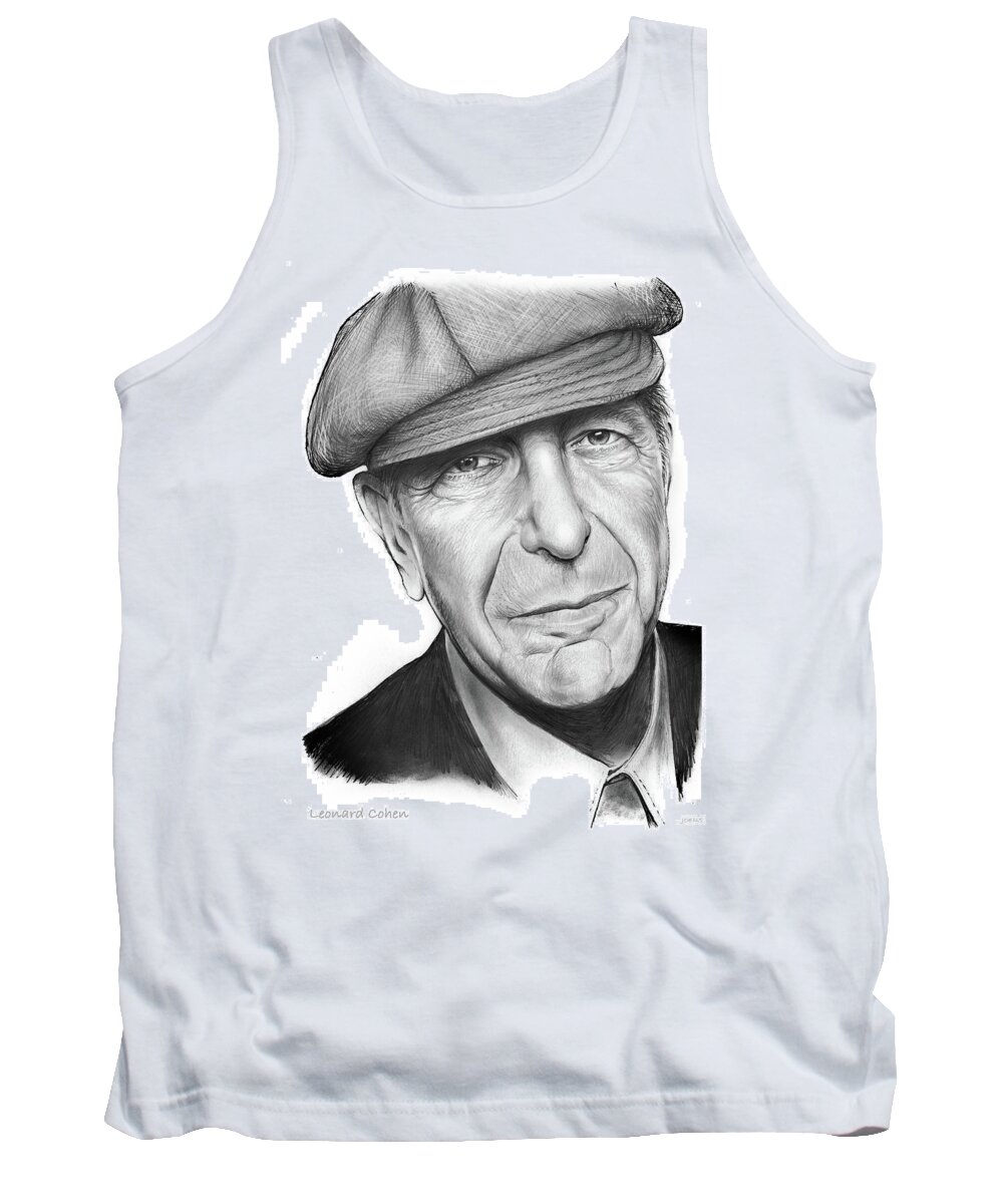 Leonard Cohen Tank Top featuring the drawing Leonard Cohen by Greg Joens