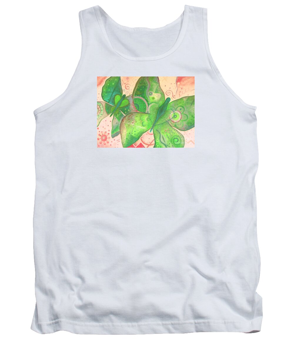 Moth Tank Top featuring the painting Lighthearted In Green On Red by Helena Tiainen