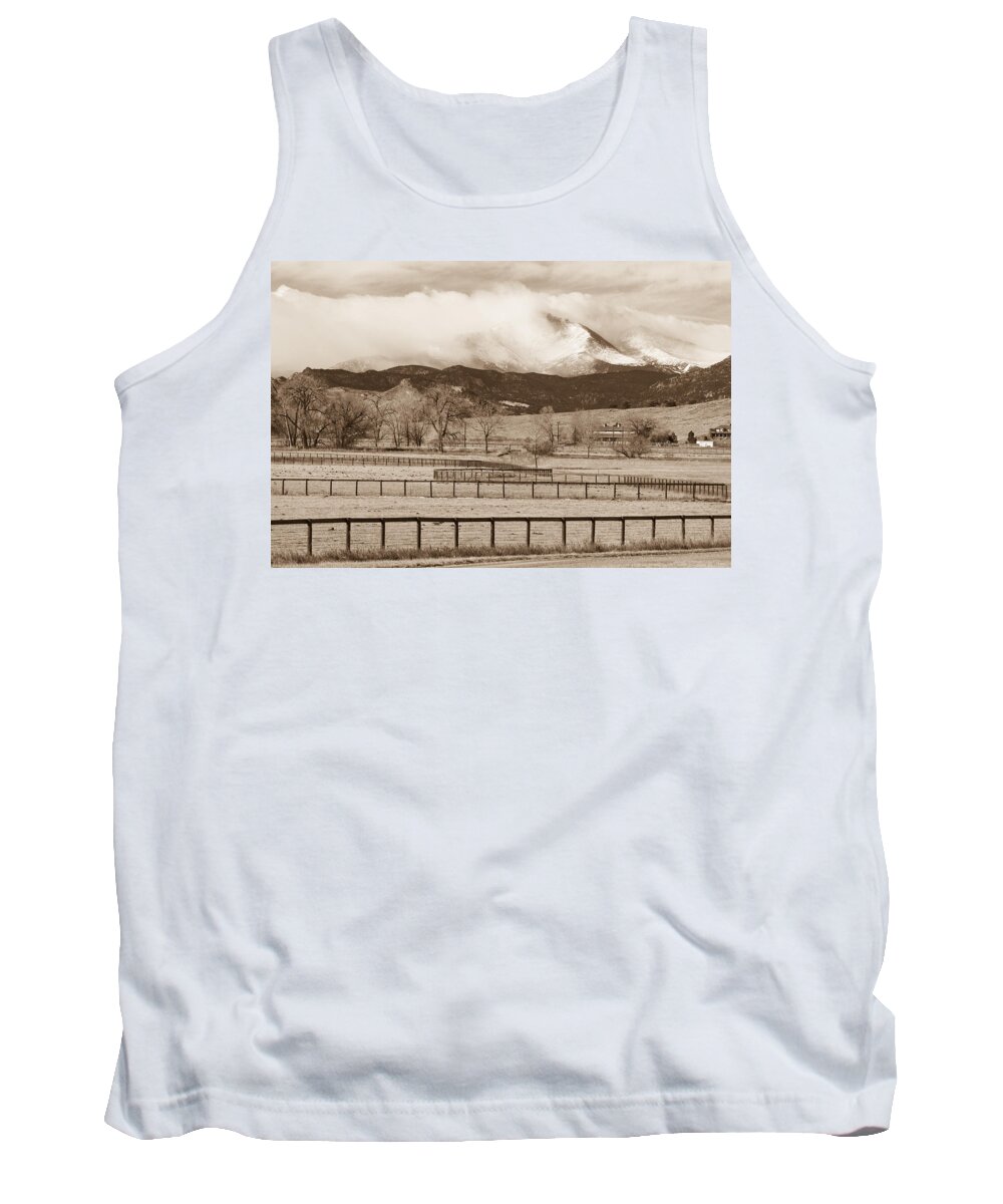 bo Insogna Tank Top featuring the photograph Longs Peak - Storm and Fences - Sepia Image by James BO Insogna