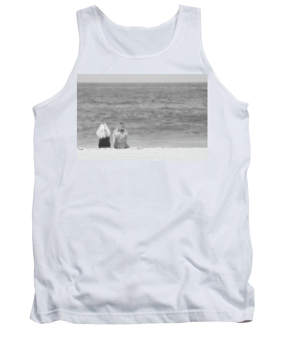 Beach Shore Delaware Maryland Ocean Sand Sun Summer Ir Infrared Black White Hot Women Two Looking Peace Peaceful View Hair Together Tank Top featuring the photograph Looking #38 by Raymond Magnani