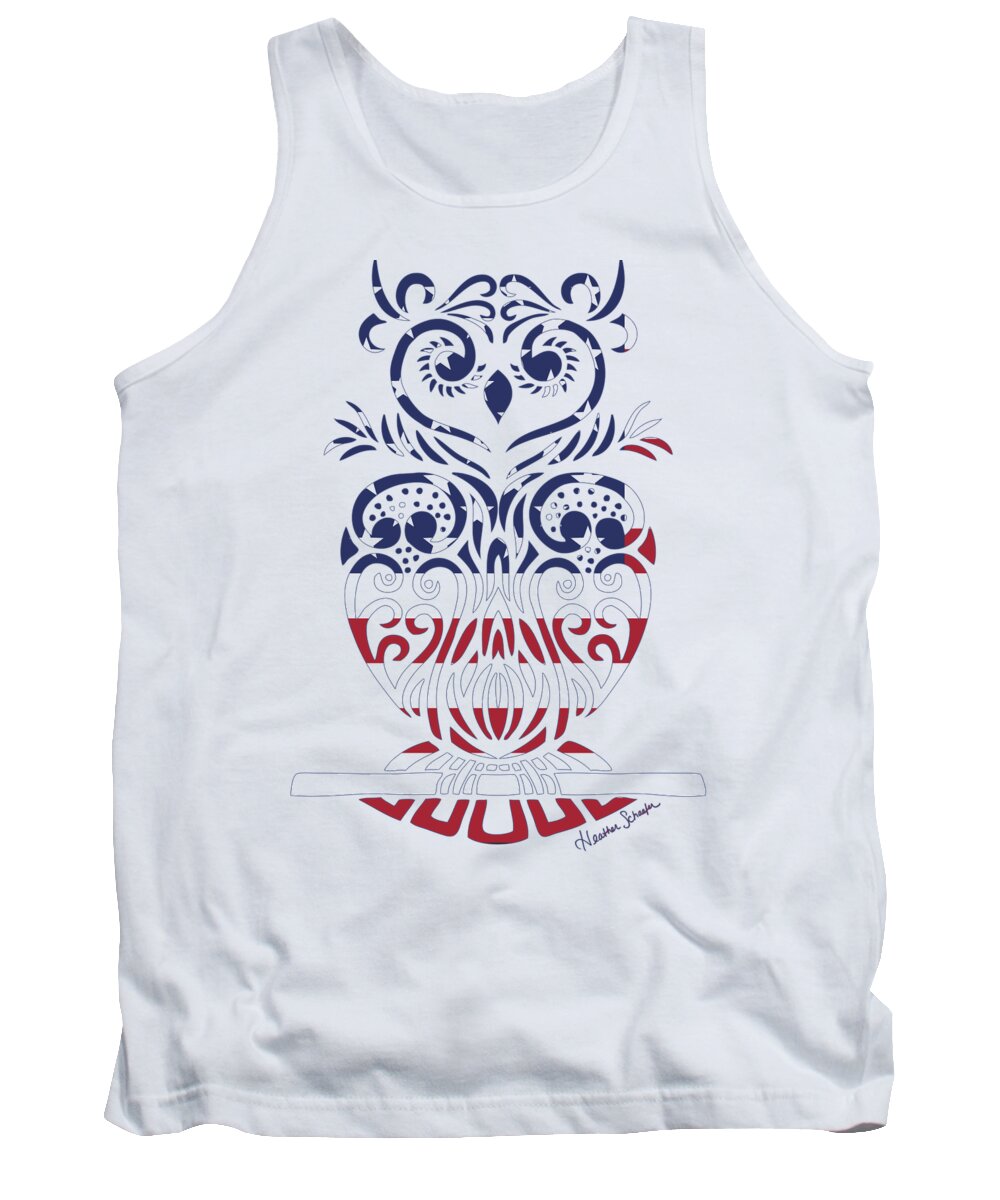 American Tank Top featuring the drawing Made in the USA Tribal Owl by Heather Schaefer