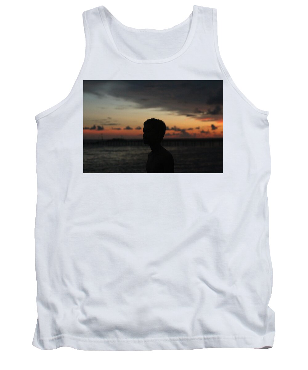 Man Standing Alone See The Sunset Sea Sun Lifestyle Travel Backpackers Nature Freedom World Tank Top featuring the photograph Man silhouette on sunset by Arvy Weindo Sianturi