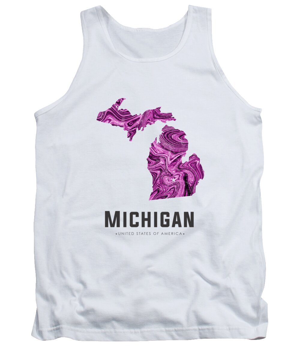 Michigan Tank Top featuring the mixed media Michigan Map Art Abstract in Purple by Studio Grafiikka