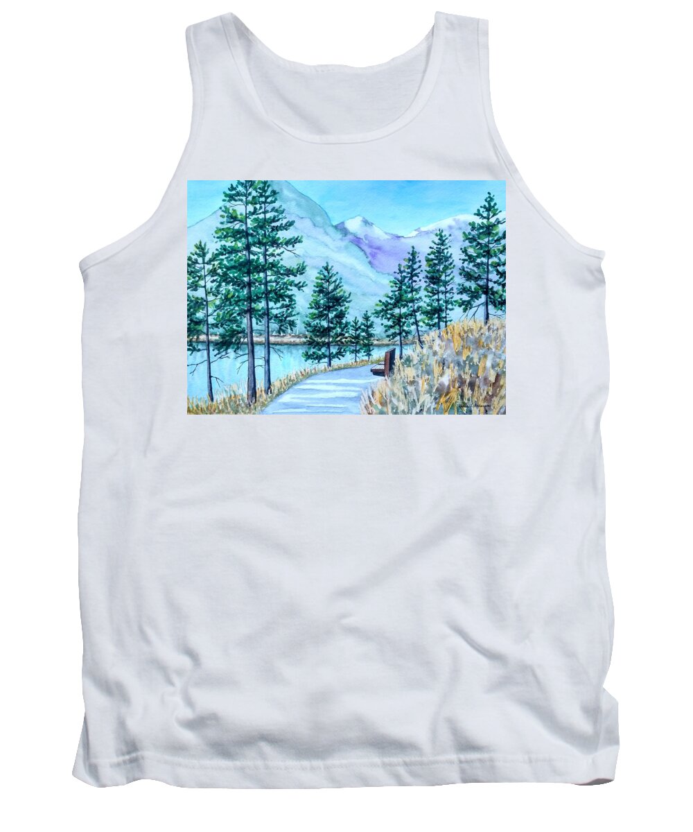 Montana Tank Top featuring the painting Montana Lake Como with Bench by Laurie Anderson