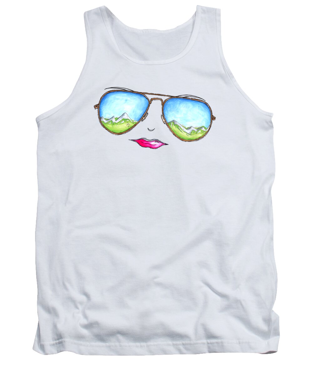Aviator Tank Top featuring the painting Mountain View Aviator Sunglasses PoP Art Painting Pink Lips Aroon Melane 2015 Collection by Megan Aroon