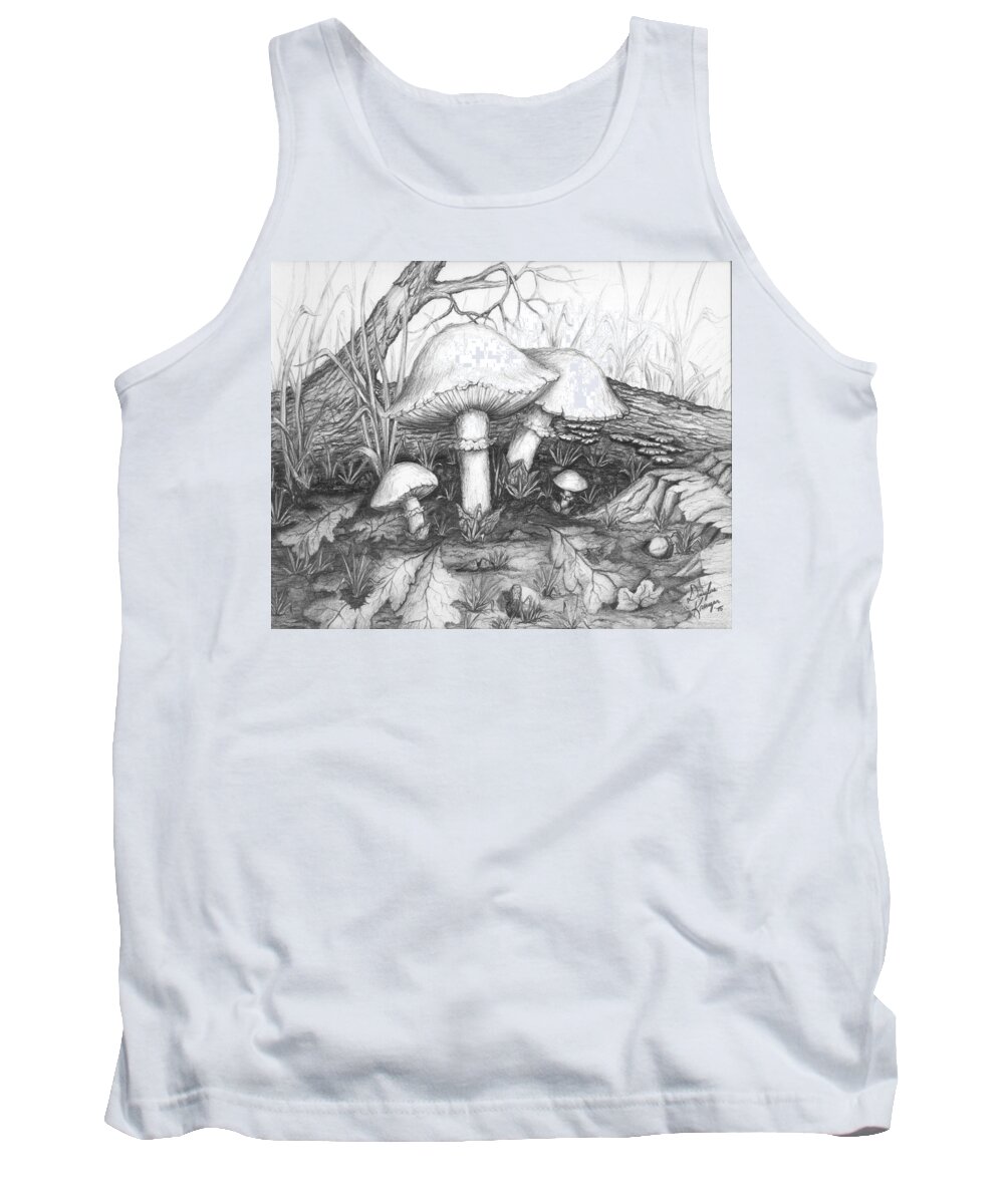 Mushrooms And Decaying Leaves Composition By Doug Kreuger Tank Top featuring the drawing Mushrooms -Pencil Study by Doug Kreuger