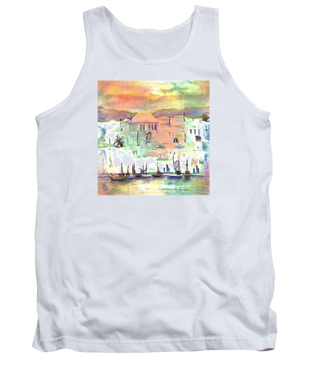 Aegean Sea Tank Top featuring the painting Sunset over Mykonos Greece by Sabina Von Arx